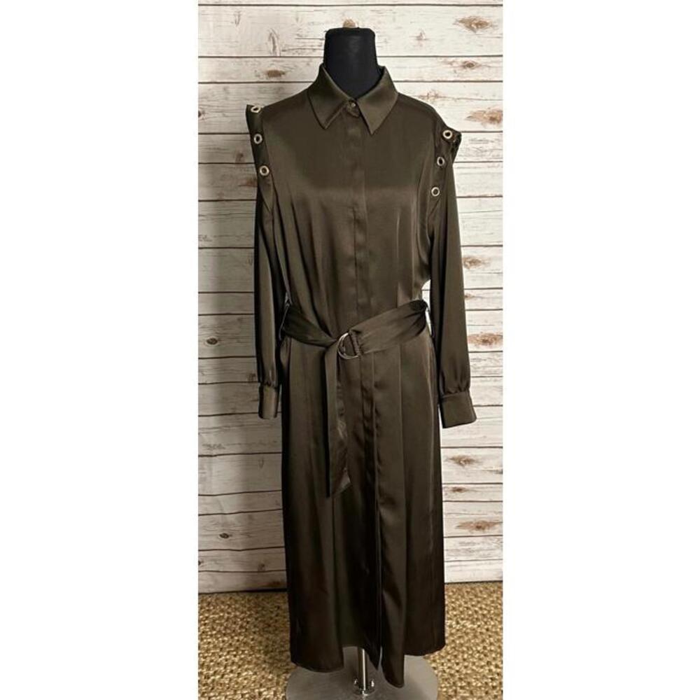 Zara olive green satin grommet detail belted Ring Trim maxi shirtdress Size M